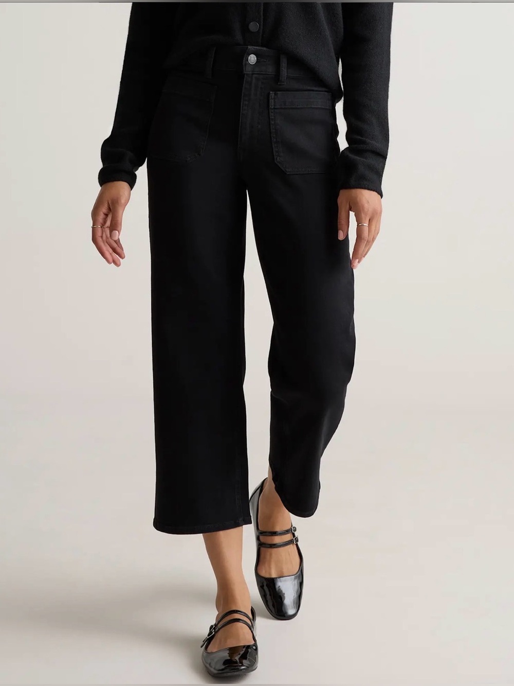 Quince Bella Stretch Patch Pocket Wide Leg Crop Jeans Size 32 Black NWT